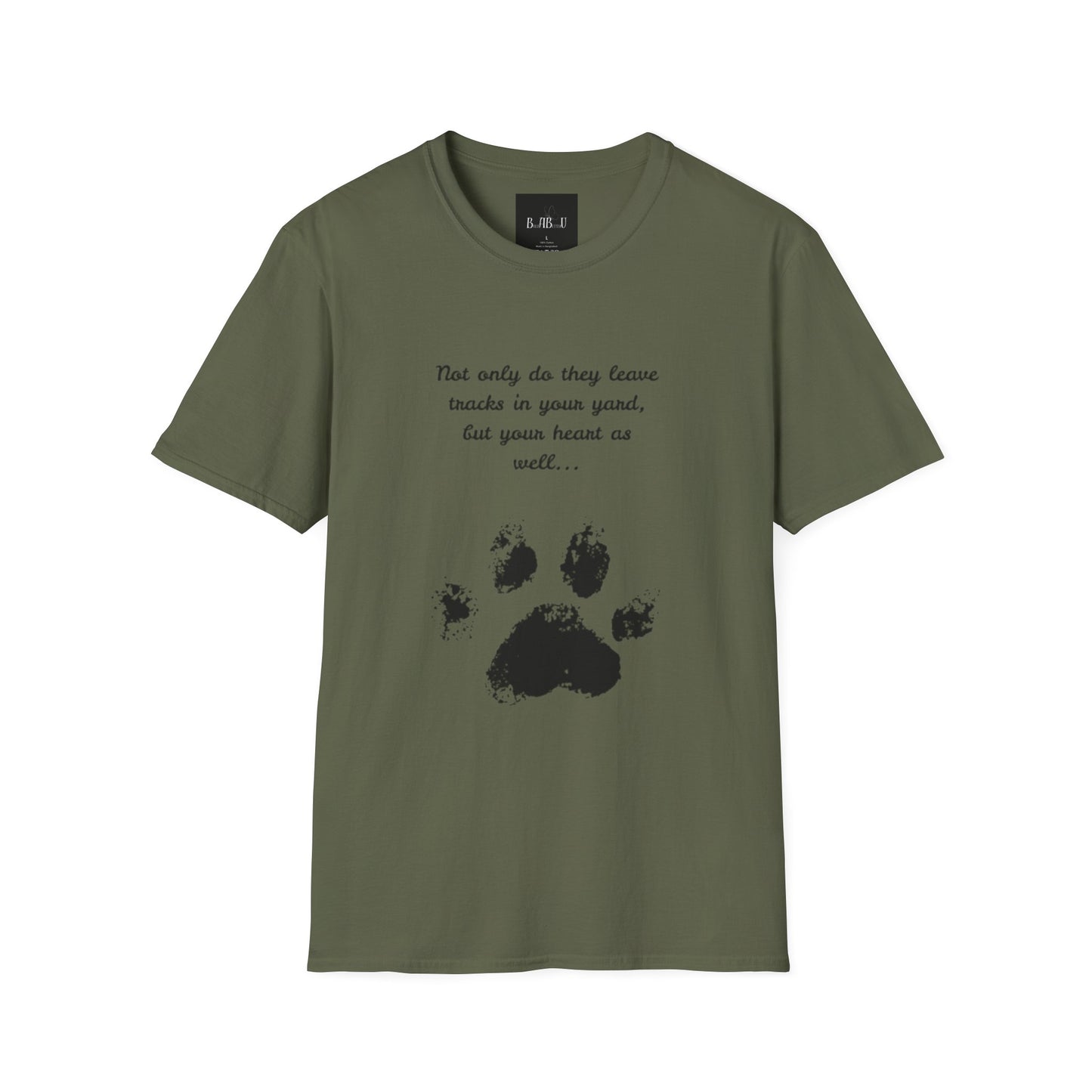 Softstyle Paw Print T-Shirt - "Tracks in Your Yard, Heart as Well" - Perfect for Pet Lovers